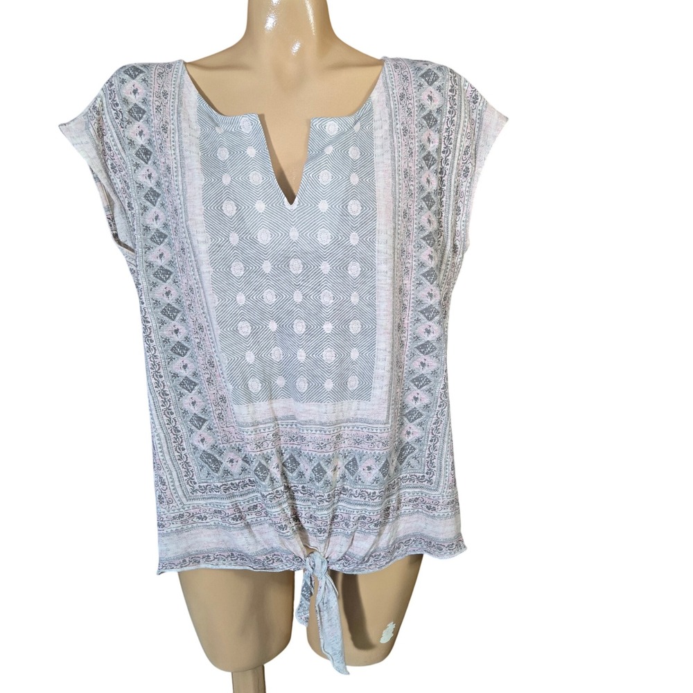 Lucky Brand Geo Pastel Print Split Neck Tie Front Cap Sleeve‎ Top Women's Medium